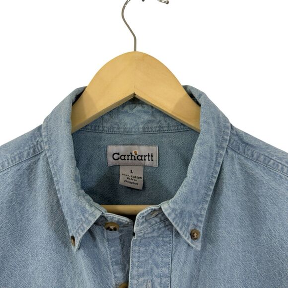 Carhartt Large Denim Button Up Long Sleeve Shirt Cotton Blue Mens - Picture 6 of 16